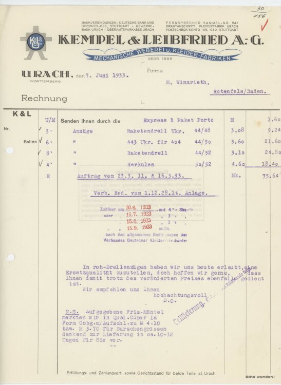 Firma M. Winzrieth (Kaufhaus)an Kempels & Leibfried AG- Rechnung - 07.06.1933