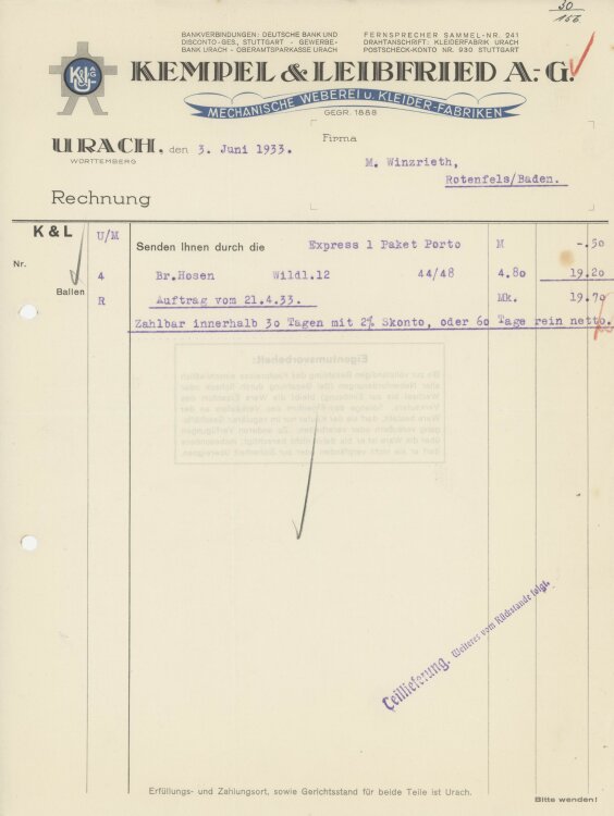 Firma M. Winzrieth (Kaufhaus)an Kempels & Leibfried AG- Rechnung - 03.06.1933