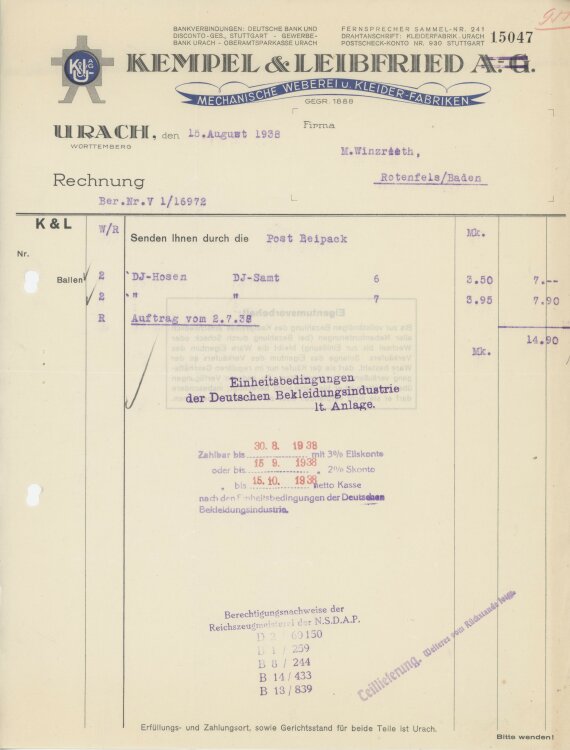 Firma M. Winzrieth (Kaufhaus)an Kempels & Leibfried...