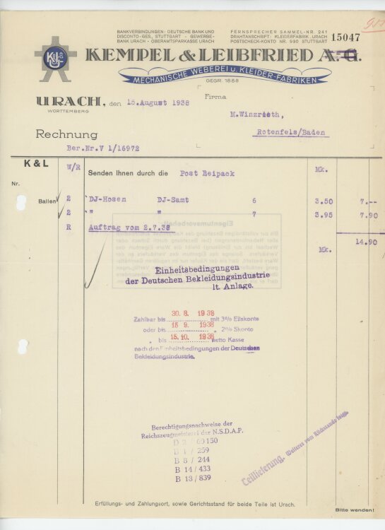 Firma M. Winzrieth (Kaufhaus)an Kempels & Leibfried AG- Rechnung - 15.08.1938