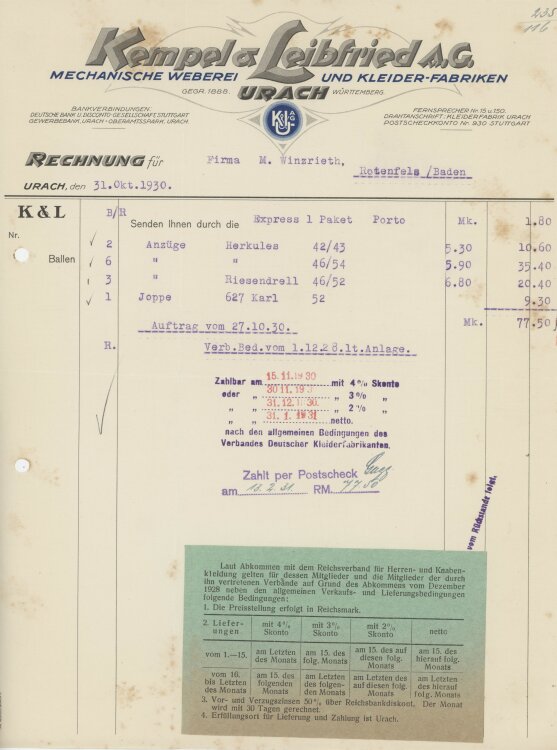 Firma M. Winzrieth (Kaufhaus)an Kempels & Leibfried AG- Rechnung - 31.10.1930