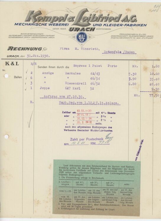 Firma M. Winzrieth (Kaufhaus)an Kempels & Leibfried AG- Rechnung - 31.10.1930