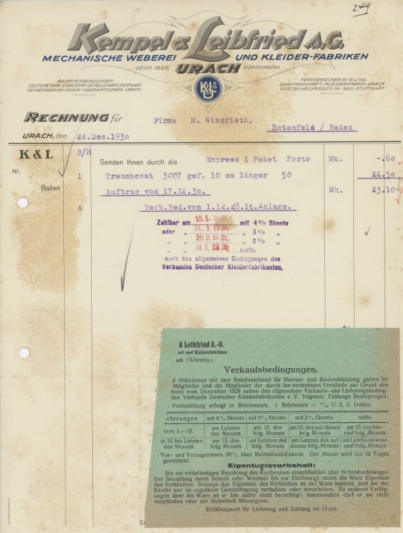 Firma M. Winzrieth (Kaufhaus)an Kempels & Leibfried AG- Rechnung - 24.12.1930