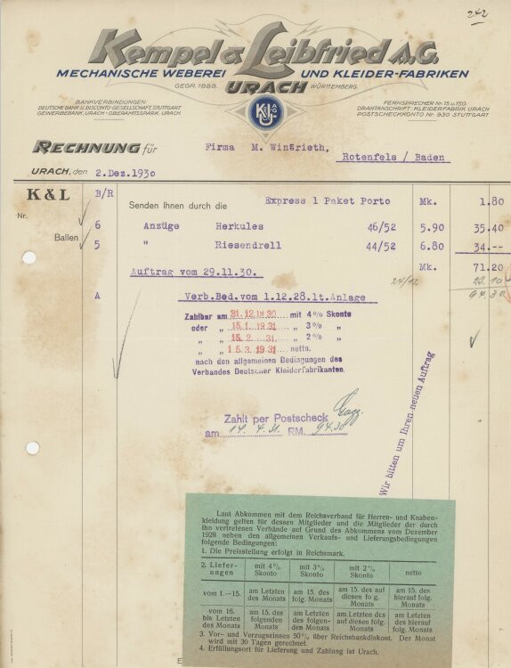 Firma M. Winzrieth (Kaufhaus)an Kempels & Leibfried AG- Rechnung - 02.12.1930