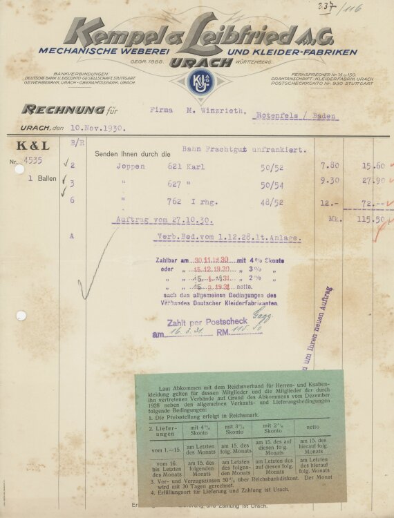 Firma M. Winzrieth (Kaufhaus)an Kempels & Leibfried AG- Rechnung - 10.11.1930