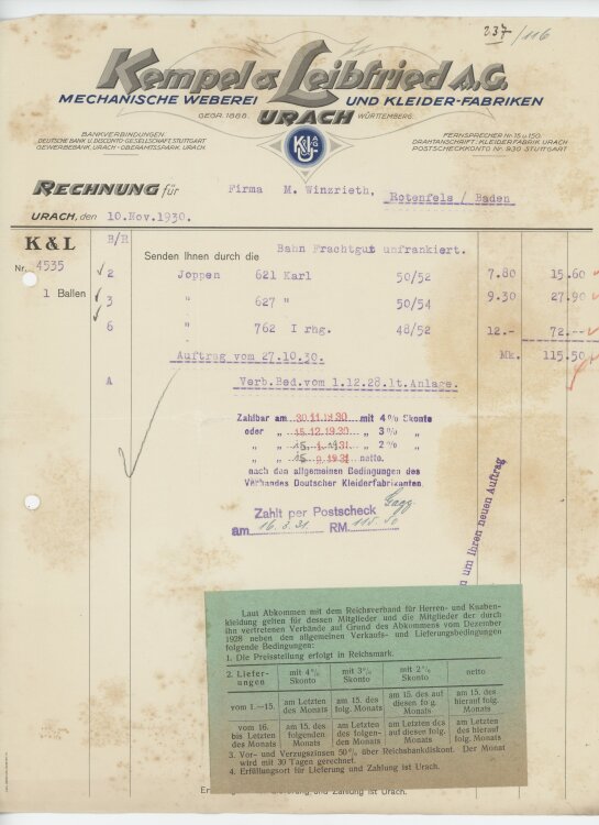 Firma M. Winzrieth (Kaufhaus)an Kempels & Leibfried AG- Rechnung - 10.11.1930