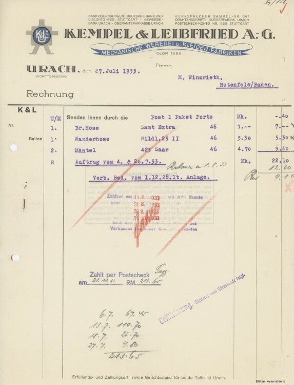 Firma M. Winzrieth (Kaufhaus)an Kempels & Leibfried AG- Rechnung - 27.07.1933