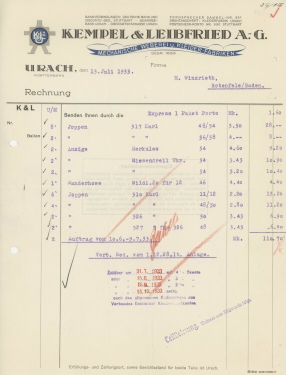 Firma M. Winzrieth (Kaufhaus)an Kempels & Leibfried AG- Rechnung - 13.07.1933