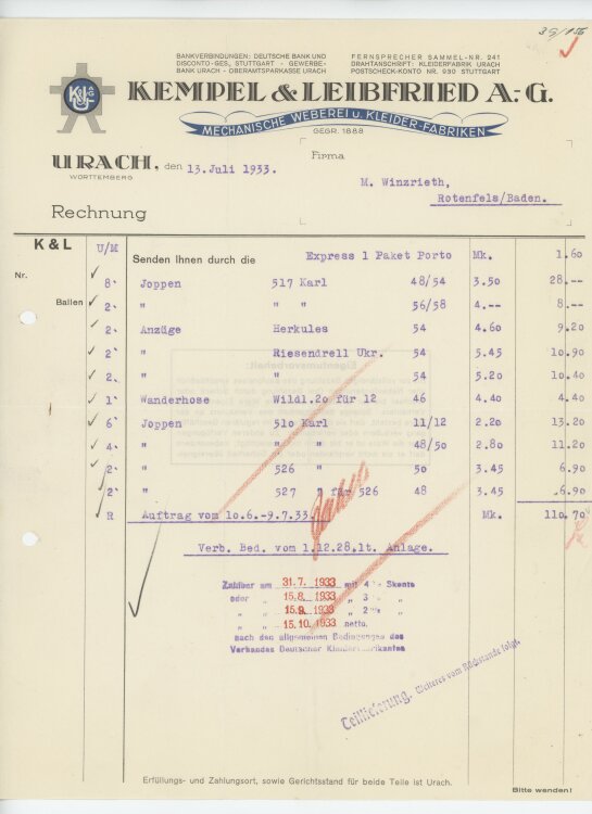 Firma M. Winzrieth (Kaufhaus)an Kempels & Leibfried AG- Rechnung - 13.07.1933
