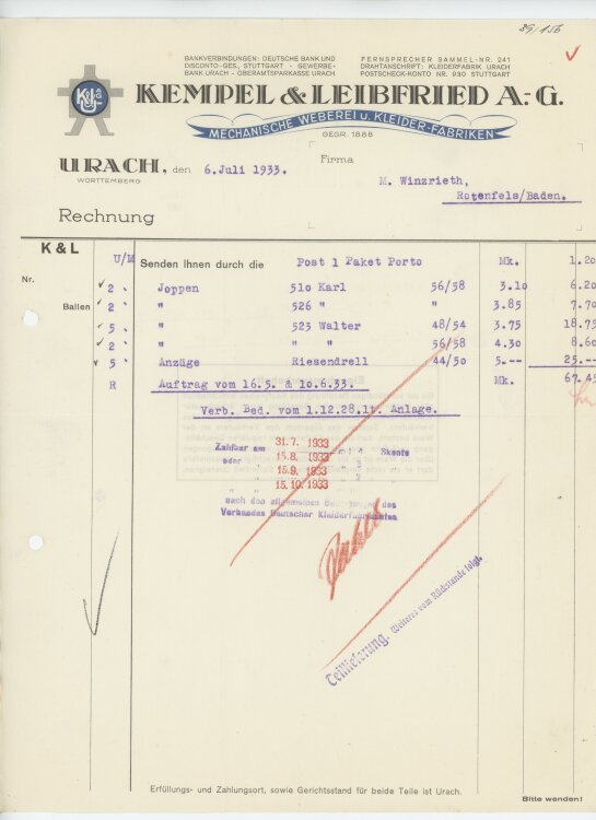 Firma M. Winzrieth (Kaufhaus)an Kempels & Leibfried AG- Rechnung - 06.07.1933