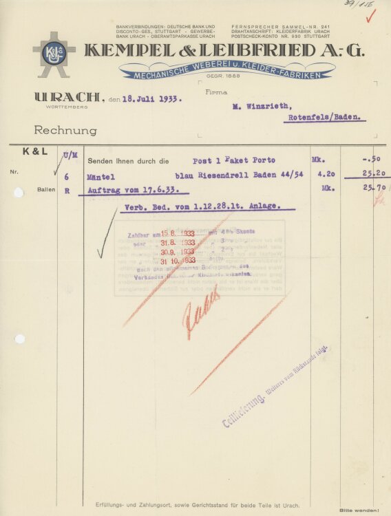 Firma M. Winzrieth (Kaufhaus)an Kempels & Leibfried AG- Rechnung - 18.07.1933