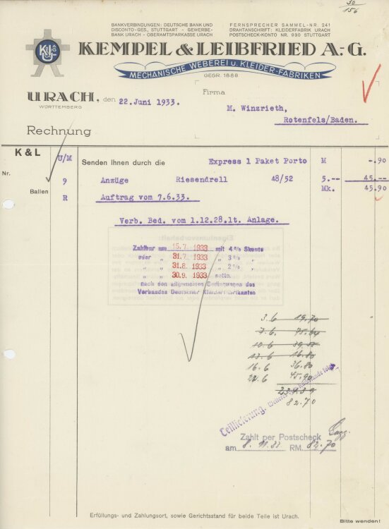 Firma M. Winzrieth (Kaufhaus)an Kempels & Leibfried AG- Rechnung - 22.06.1933