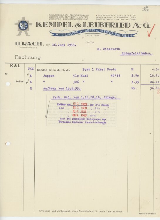 Firma M. Winzrieth (Kaufhaus)an Kempels & Leibfried AG- Rechnung - 16.06.1933