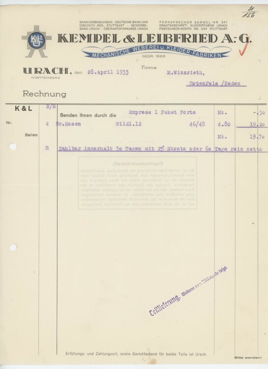 Firma M. Winzrieth (Kaufhaus)an Kempels & Leibfried AG- Rechnung - 28.03.1933