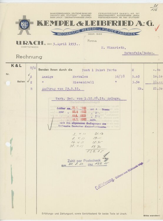 Firma M. Winzrieth (Kaufhaus)an Kempels & Leibfried AG- Rechnung - 03.04.1933