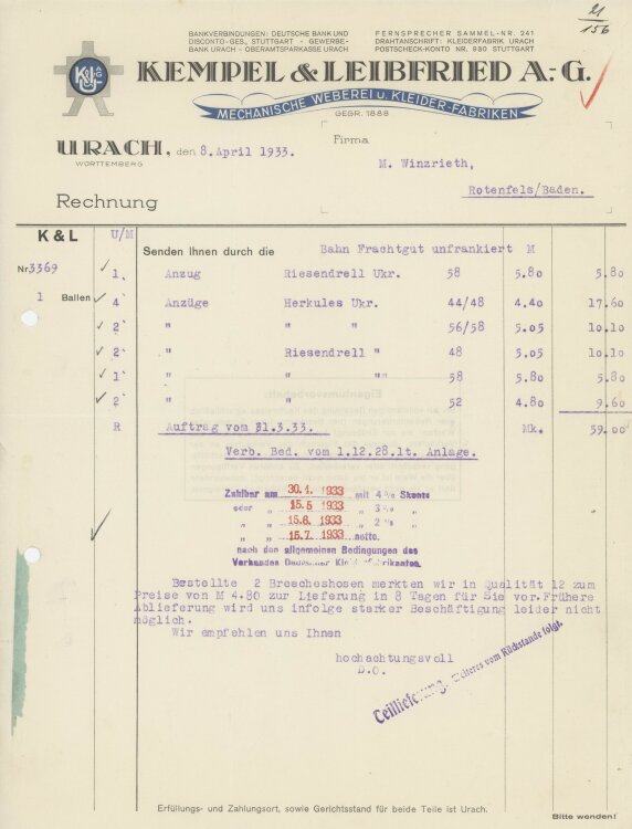 Firma M. Winzrieth (Kaufhaus)an Kempels & Leibfried AG- Rechnung - 08.04.1933