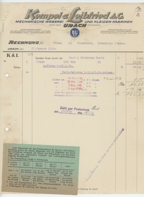 Firma M. Winzrieth (Kaufhaus)an Kempels & Leibfried AG- Rechnung - 27.01.1930