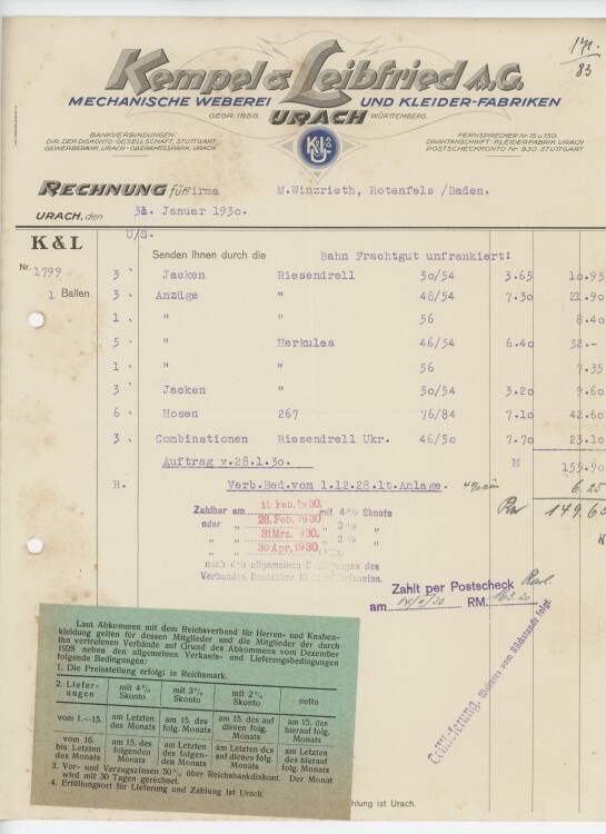 Firma M. Winzrieth (Kaufhaus)an Kempels & Leibfried AG- Rechnung - 31.01.1930