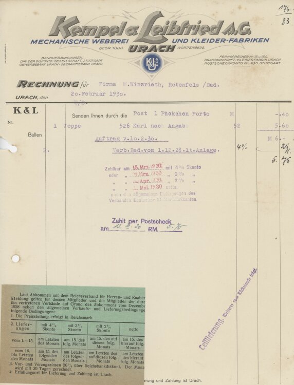 Firma M. Winzrieth (Kaufhaus)an Kempels & Leibfried AG- Rechnung - 20.02.1930