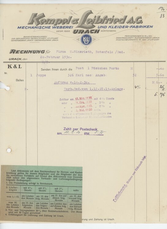 Firma M. Winzrieth (Kaufhaus)an Kempels & Leibfried AG- Rechnung - 20.02.1930