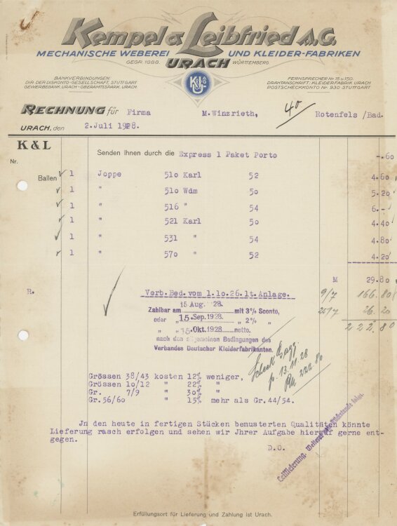 Firma M. Winzrieth (Kaufhaus)an Kempels & Leibfried AG- Rechnung - 02.07.1928