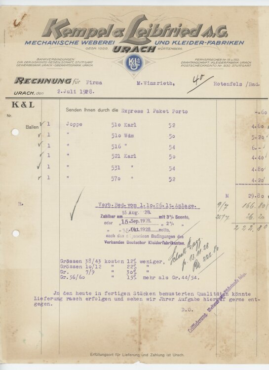 Firma M. Winzrieth (Kaufhaus)an Kempels & Leibfried AG- Rechnung - 02.07.1928