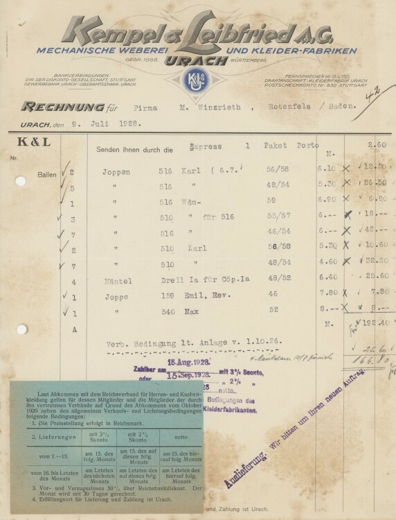 Firma M. Winzrieth (Kaufhaus)an Kempels & Leibfried AG- Rechnung - 09.07.1928