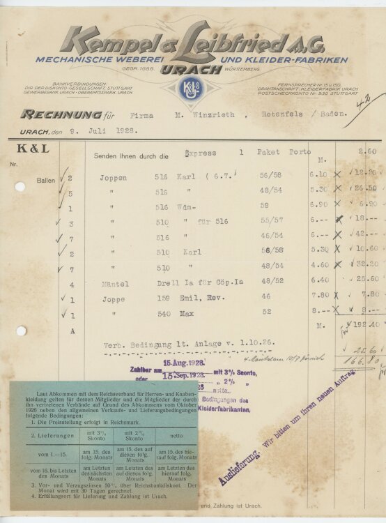 Firma M. Winzrieth (Kaufhaus)an Kempels & Leibfried AG- Rechnung - 09.07.1928