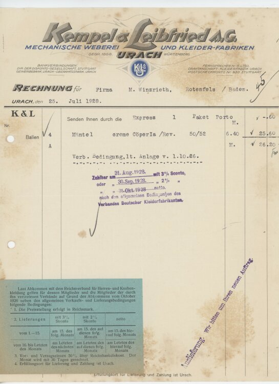 Firma M. Winzrieth (Kaufhaus)an Kempels & Leibfried AG- Rechnung - 25.07.1928