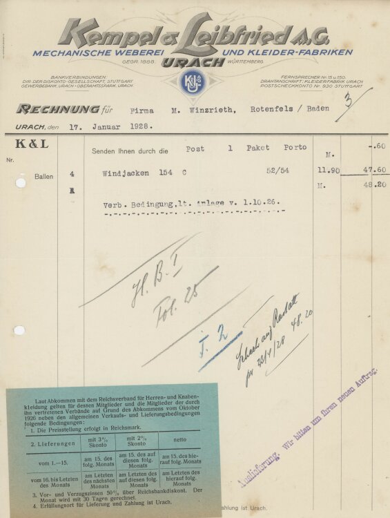 Firma M. Winzrieth (Kaufhaus)an Kempels & Leibfried AG- Rechnung - 17.01.1928