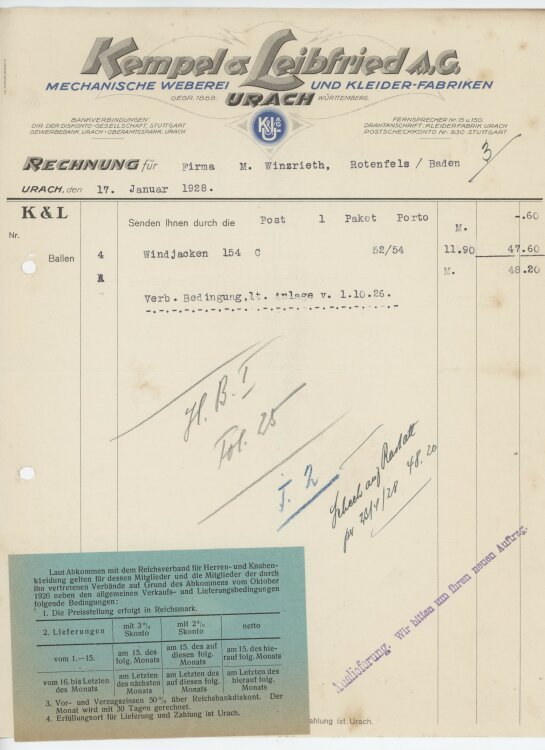 Firma M. Winzrieth (Kaufhaus)an Kempels & Leibfried AG- Rechnung - 17.01.1928