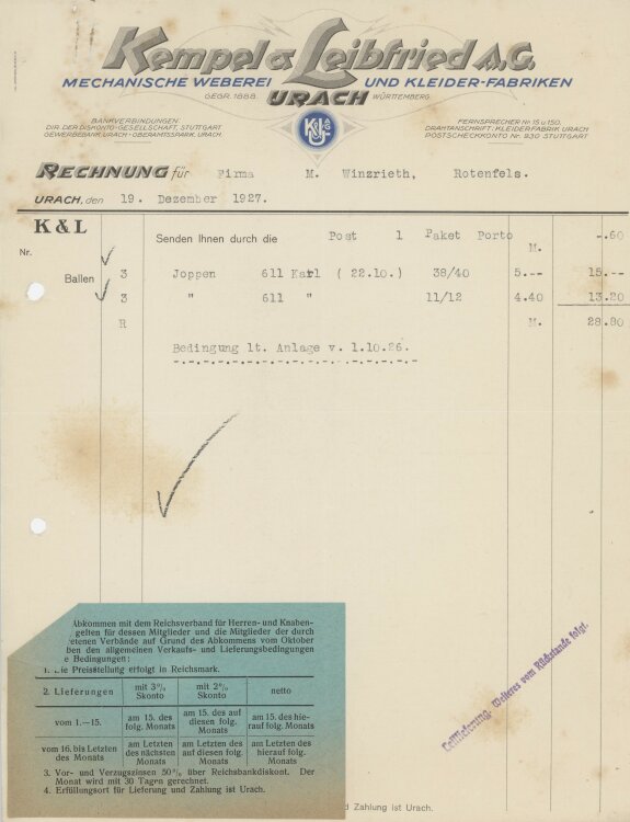 Firma M. Winzrieth (Kaufhaus)an Kempels & Leibfried AG- Rechnung - 19.12.1927