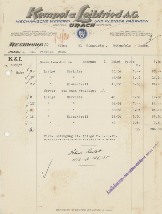 Firma M. Winzrieth (Kaufhaus)an Kempels & Leibfried AG- Rechnung - 13.02.1928