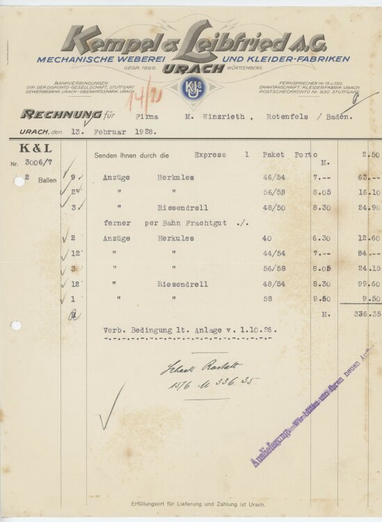 Firma M. Winzrieth (Kaufhaus)an Kempels & Leibfried AG- Rechnung - 13.02.1928