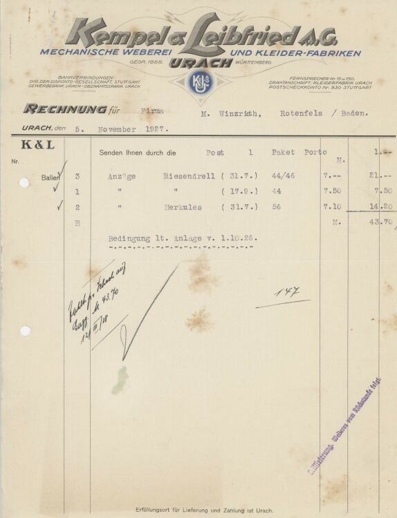 Firma M. Winzrieth (Kaufhaus)an Kempels & Leibfried AG- Rechnung - 05.11.1927