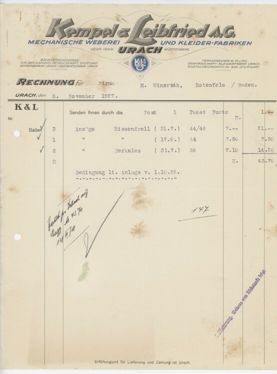 Firma M. Winzrieth (Kaufhaus)an Kempels & Leibfried AG- Rechnung - 05.11.1927