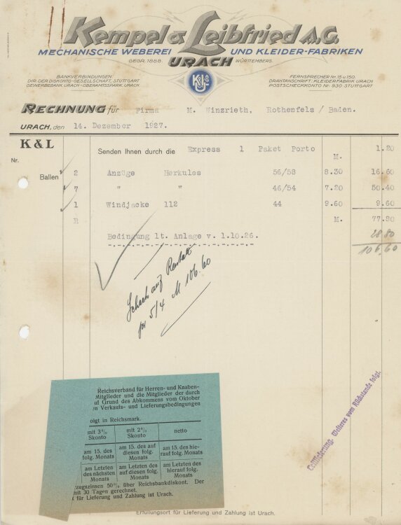 Firma M. Winzrieth (Kaufhaus)an Kempels & Leibfried AG- Rechnung - 14.12.1927