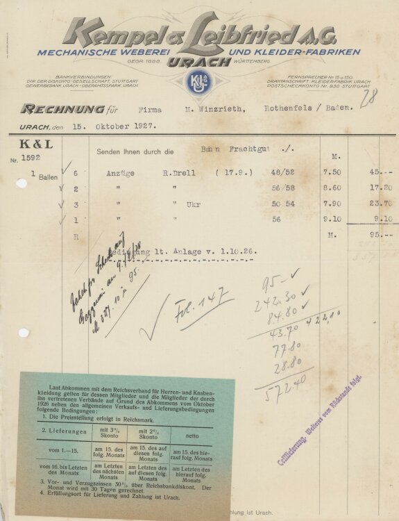 Firma M. Winzrieth (Kaufhaus)an Kempels & Leibfried AG- Rechnung - 15.10.1927