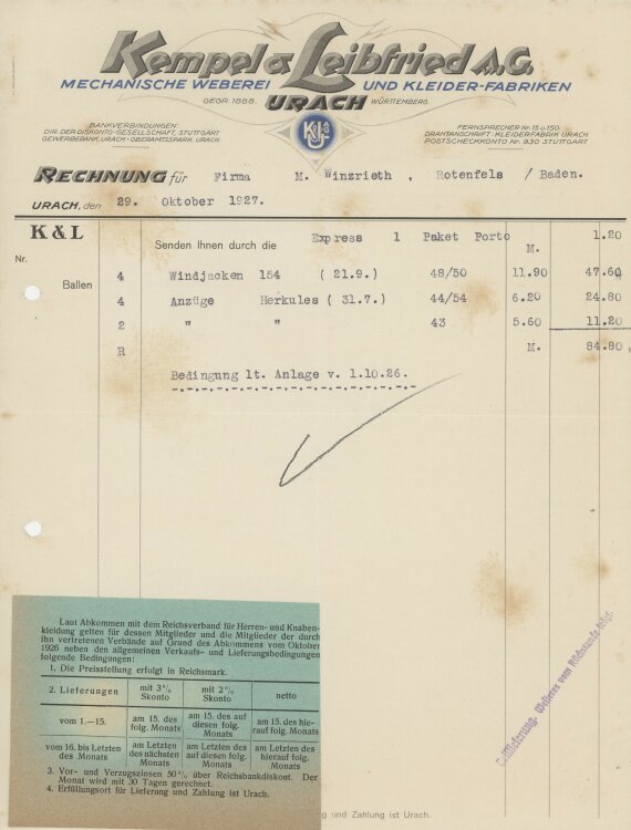 Firma M. Winzrieth (Kaufhaus)an Kempels & Leibfried AG- Rechnung - 29.10.1927