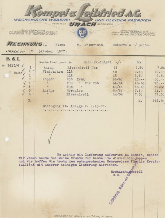 Firma M. Winzrieth (Kaufhaus)an Kempels & Leibfried AG- Rechnung - 17.10.1927