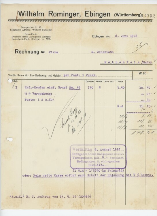 Firma M. Winzrieth (Kaufhaus)an Wilhelm Rominger- Rechnung - 08.06.1928