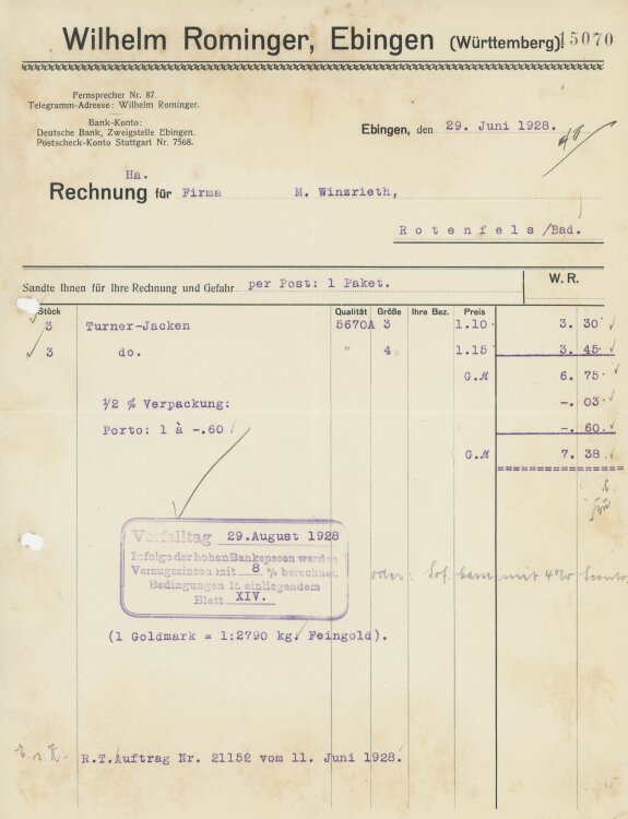 Firma M. Winzrieth (Kaufhaus)an Wilhelm Rominger- Rechnung - 29.06.1928