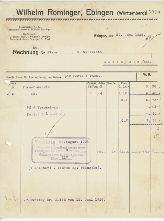 Firma M. Winzrieth (Kaufhaus)an Wilhelm Rominger- Rechnung - 29.06.1928