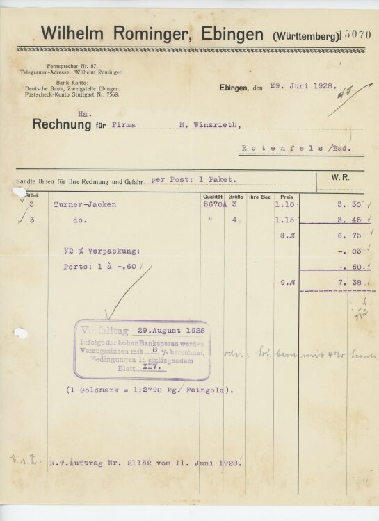 Firma M. Winzrieth (Kaufhaus)an Wilhelm Rominger- Rechnung - 13.07.1928