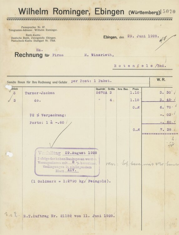 Firma M. Winzrieth (Kaufhaus)an Wilhelm Rominger- Rechnung - 13.07.1928