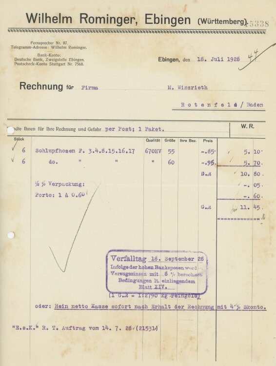 Firma M. Winzrieth (Kaufhaus)an Wilhelm Rominger- Rechnung - 18.07.1928