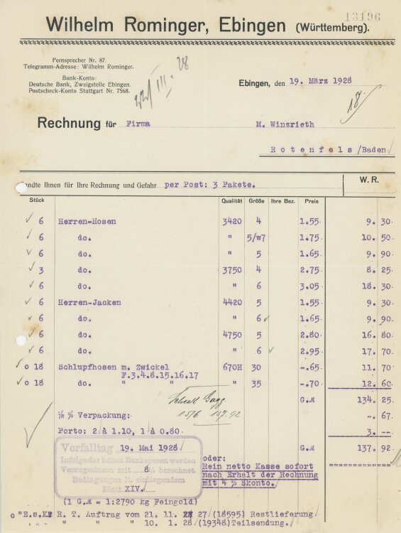 Firma M. Winzrieth (Kaufhaus)an Wilhelm Rominger- Rechnung - 19.03.1928