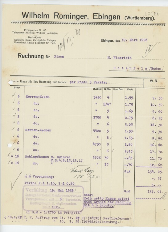 Firma M. Winzrieth (Kaufhaus)an Wilhelm Rominger- Rechnung - 19.03.1928