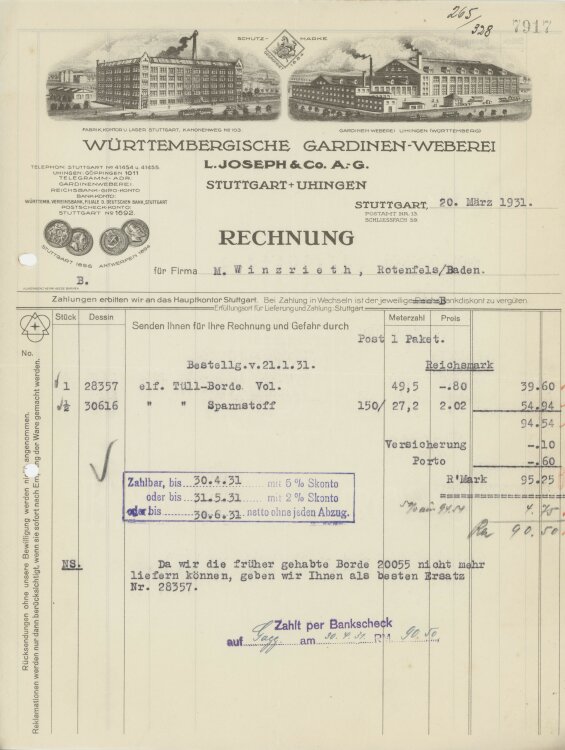 Firma M. Winzrieth (Kaufhaus)an Württembergische Gardinen-Weberei- Rechnung - 20.03.1931