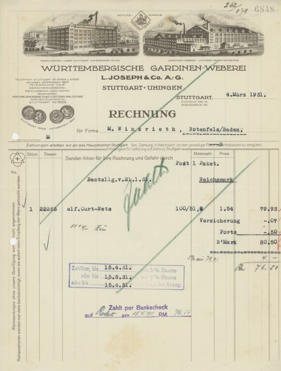 Firma M. Winzrieth (Kaufhaus)an Württembergische Gardinen-Weberei- Rechnung - 04.03.1931